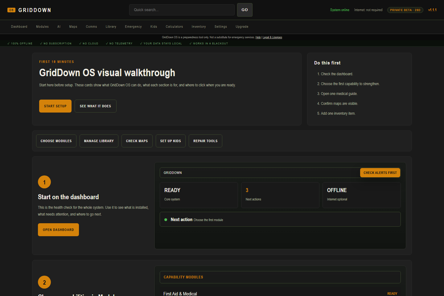 GridDown OS dashboard walkthrough screen